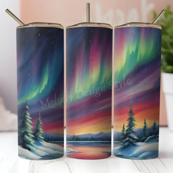 Northern Lights Tumbler Wrap PNG, Winter Aurora Landscape Sublimation Design, Christmas Forest Tumbler Art, Snow Pine Tree Wrap, Instant Download T7
